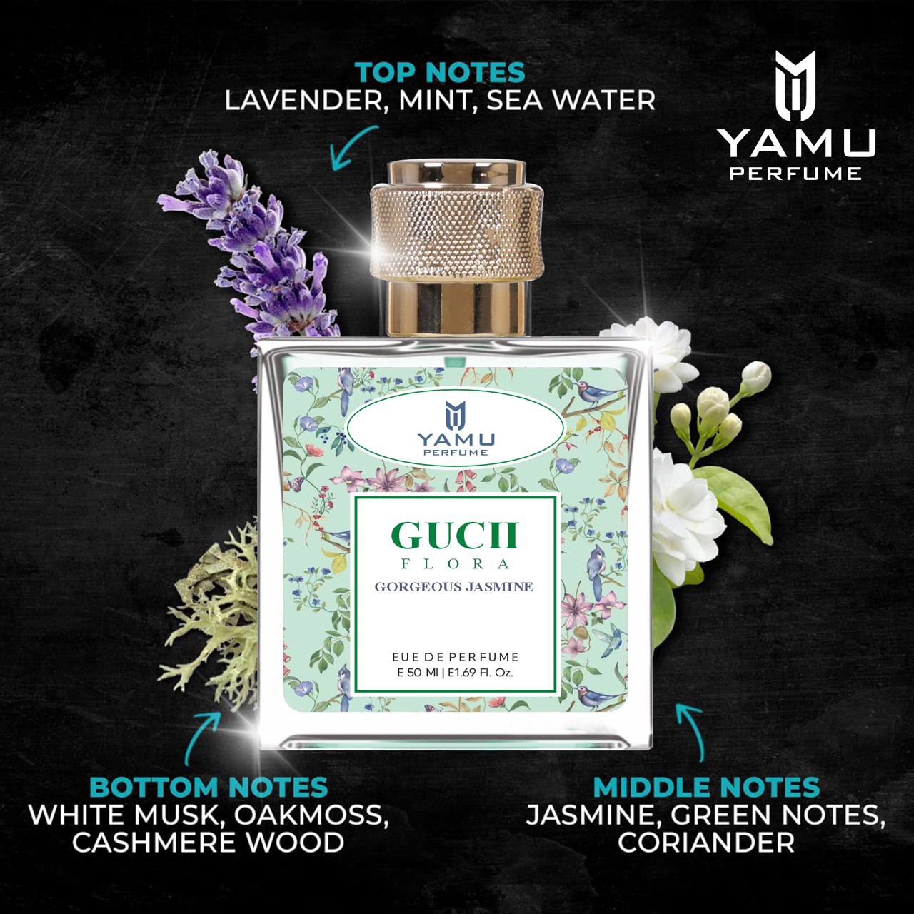 Yamu Perfume Inspired by Gucii Flora Gorgeous Jasmine - Intoxicating & Rich White Floral Eau De Parfum (50ml)